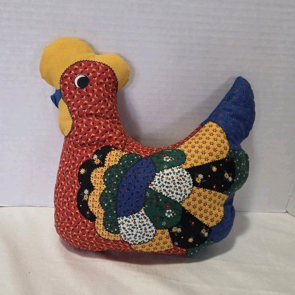 Multicolor Patchwork Fabric Chicken Hen Plush, vintage handmade, Cottagecore,